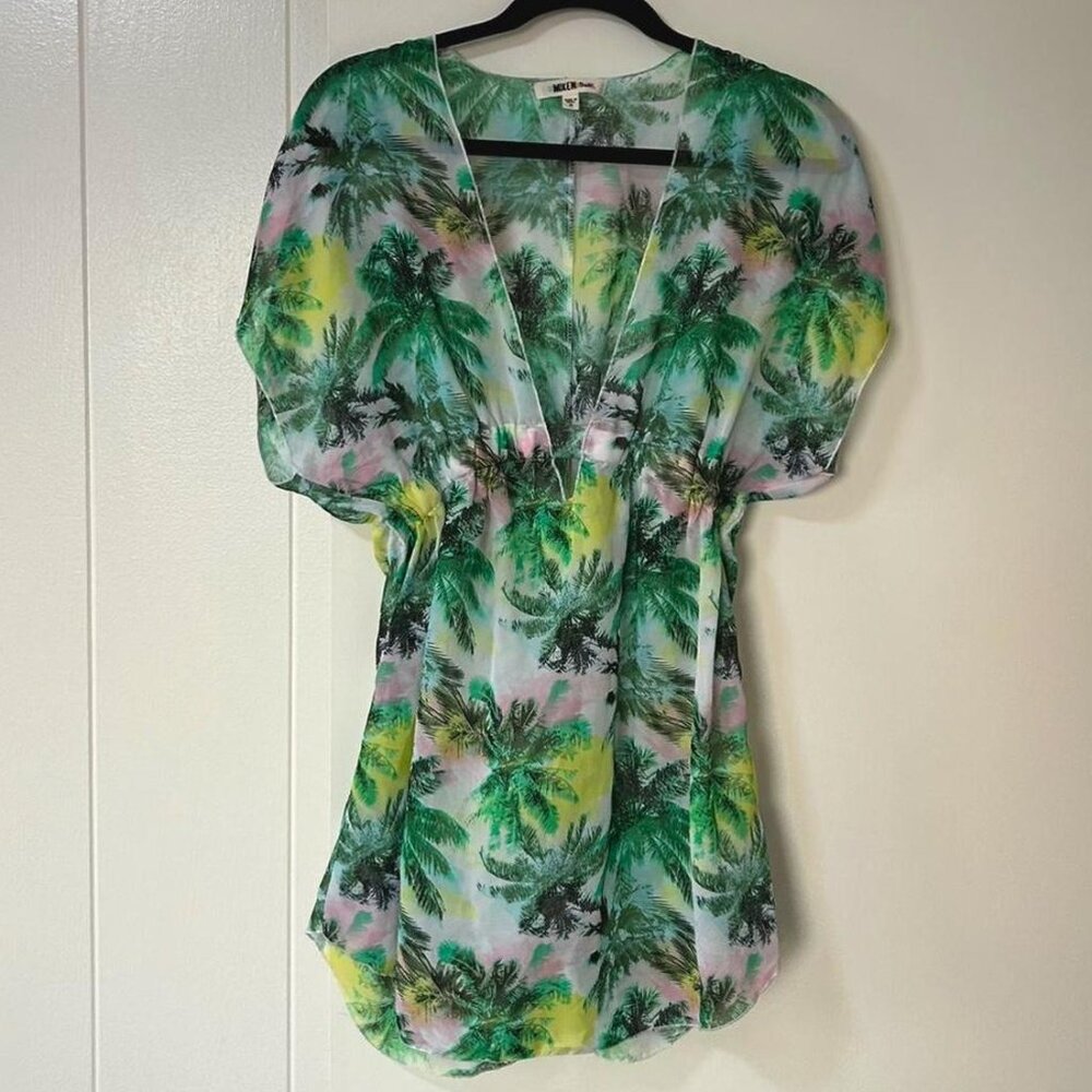 MIKEN Swim bikini coverup sheer green & pink tropical palm tree print dress 🥥